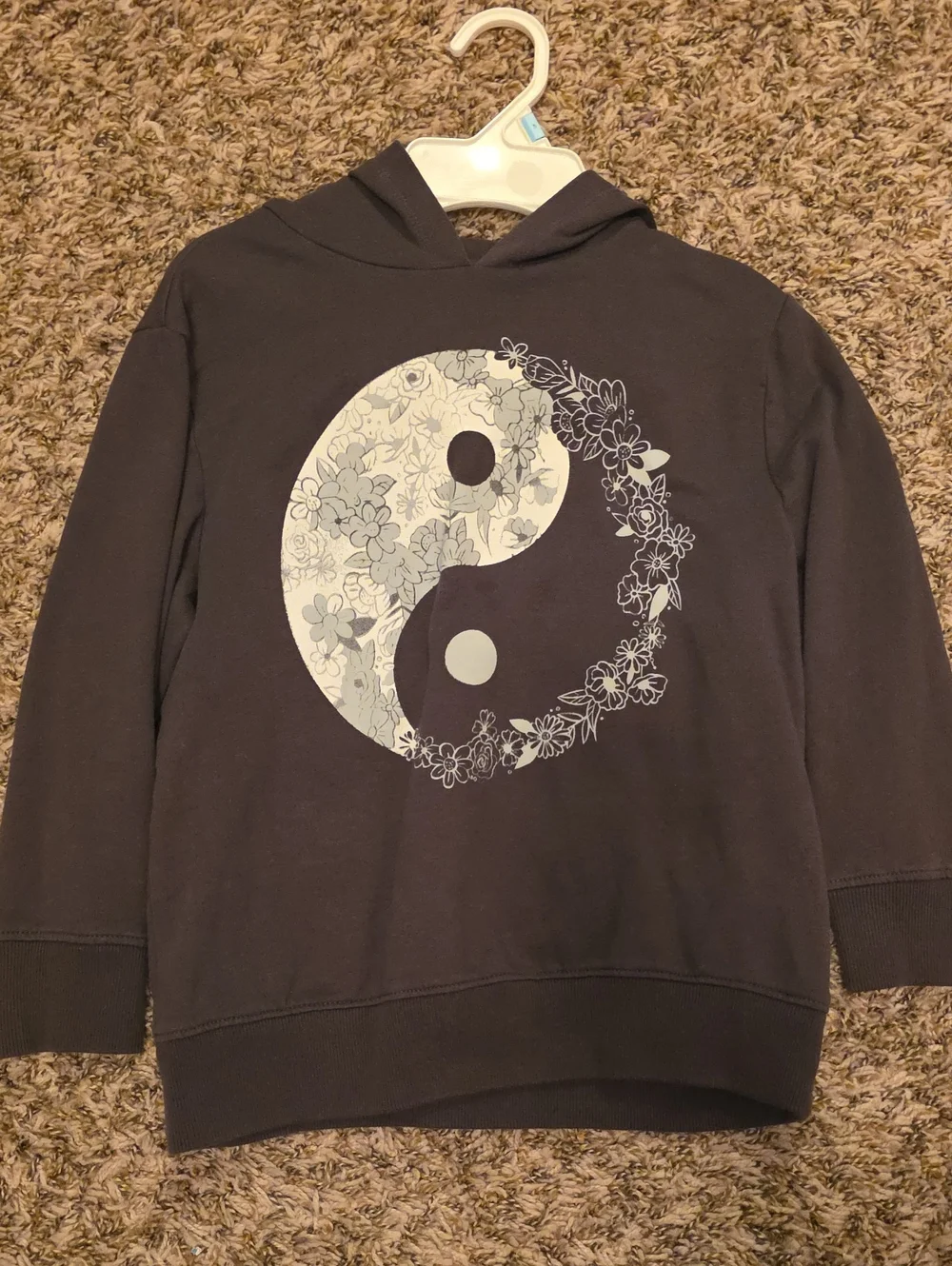 OshKosh B'gosh Girls Black Hoodie with Floral Yin Yang, Size 8